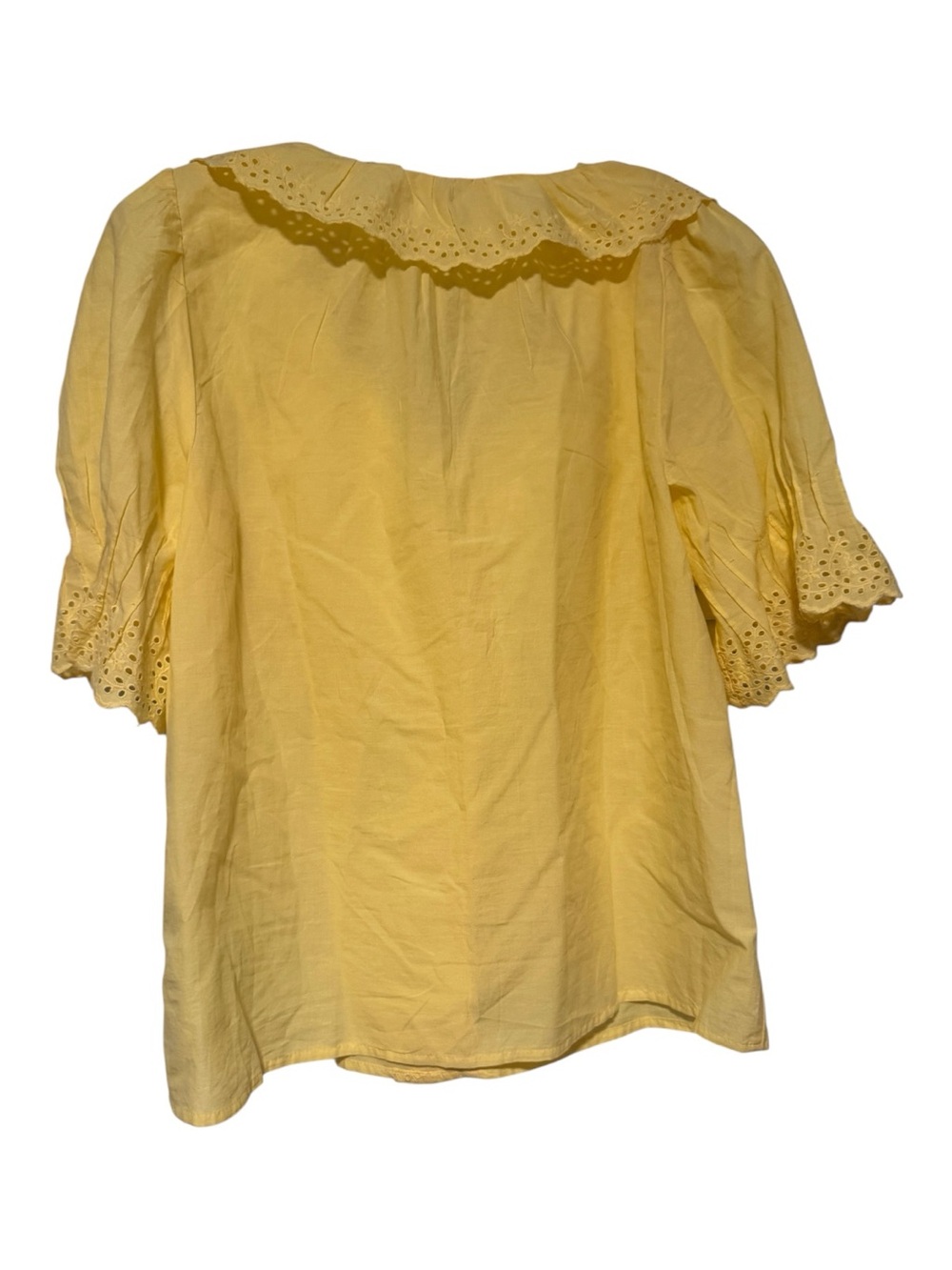 J.Crew Eyelet Ruffle Front Cotton Blouse butter Yellow Puff Sleeve Top  M EUC - Picture 3 of 4